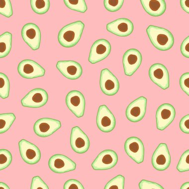 Avokado dilimleri pembe arkaplanlı. Kusursuz avokado deseni. Avokadolu yaz şablonu