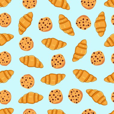 Çikolata parçalı kekler ve kruvasan desenli tasarım. Pasta geçmişi. Kusursuz desen