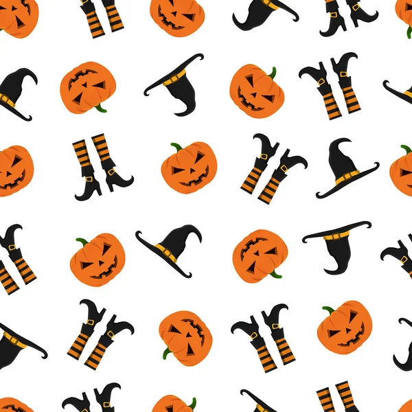 Padrão Halloween Com Abóboras Chapéu Bruxa Botas Design Padrão Halloween — Vetor de Stock