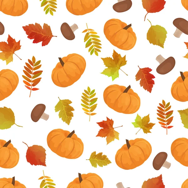 Colorful autumn pattern with pumpkins, mushrooms and autumn leaves for textile, print, surface, fabric design. Seamless autumn pattern