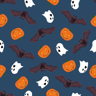 Yarasalar, balkabağı ve hayaletlerle kusursuz cadılar bayramı deseni. Hayaletler, yarasalar ve balkabaklarıyla Cadılar Bayramı