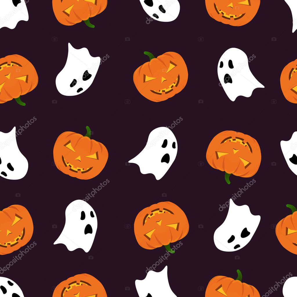 Halloween pumpkinand ghosts pattern on dark background. Halloween pumpkin and ghosts background. Seamless pattern design