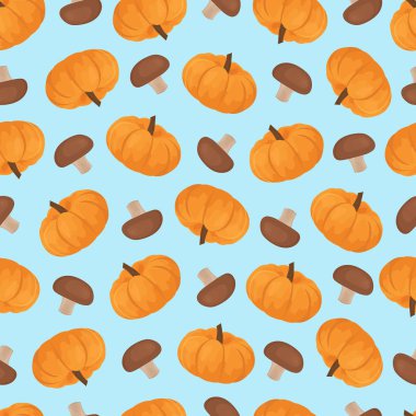 Balkabağı ve mantarlı sonbahar deseni. Sonbahar sebzeleri. Sebze deseni