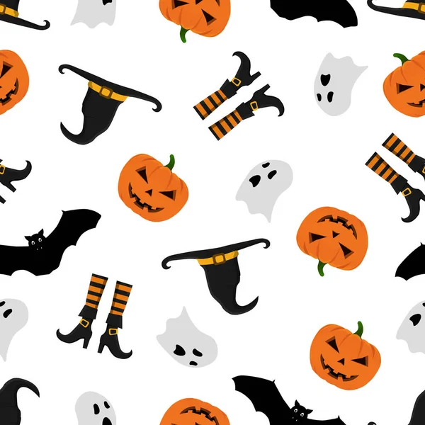 Halloween Minta Tökökkel Denevérekkel Szellemekkel Boszorkánykalapokkal Boszorkánycsizmákkal Halloween Háttér Zökkenőmentes — Stock Vector