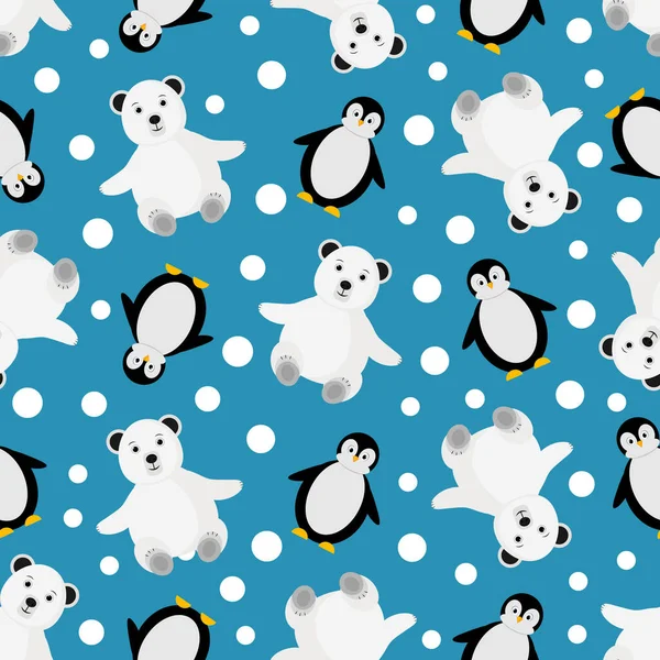 Beyaz ayı ve penguenlerin yağan karla desenleri. Beyaz ayı, penguen ve karlı çocuksu bir düzen. Kış deseni tasarımı