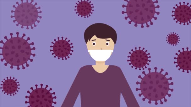 戴面具的人害怕Coronavirus 2019 Ncov平面视频动画 肺炎血液医疗Covid 19和戴面具的男子 Covid 2019病毒视频动画 — 图库视频影像