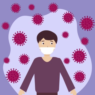 Koronavirüs 2019-ncov düz çizimden korkan maskeli bir adam. COVID-19 ve maskeli adam. Virüs saldırısı