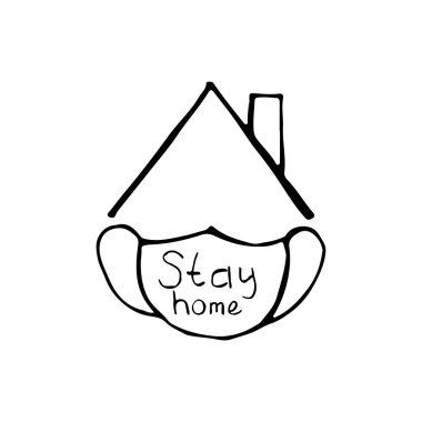 Doodle Illustrasyon evde kalacak. Evde çizilmiş resimli gönderi olarak kal