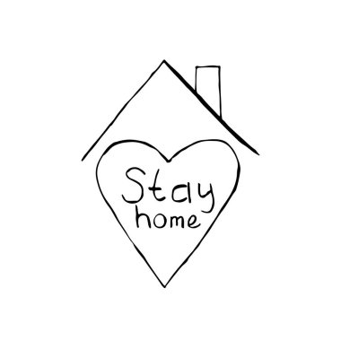 Çizilmiş kalp ve mesajla evde kal. Evde çizilmiş resimli gönderi olarak kal