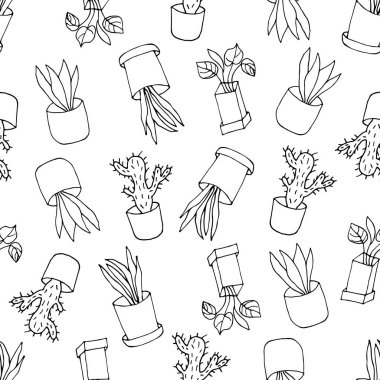 Beyaz arka planda el çizimi ev bitkileri deseni. Vektör içinde Doodle ev bitkisi deseni