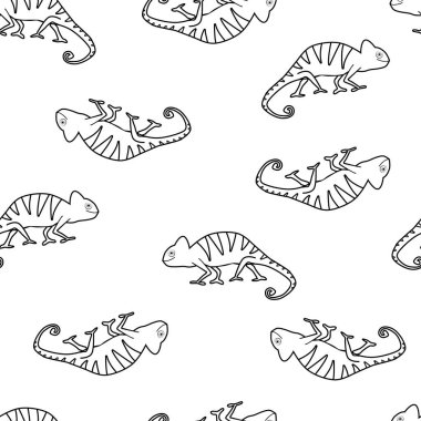 Beyaz arka planda karalama bukalemunları olan kusursuz bir desen. Sürüngen geçmişi. Karalama bukalemunlu sürüngen deseni. El çizimi bukalemun deseni