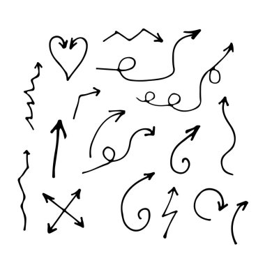 Beyaz arka planda el çizimi ok koleksiyonu. Karalama okları koleksiyonu. Oklar ayarlandı