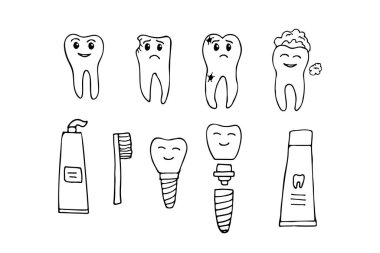 El çizimi diş simgeleri koleksiyonu. Karalama dişleri simgeleri ayarlandı. Beyaz arka planda güzel diş çizimleri olan el çizimleri. İnsan dişi koleksiyonu