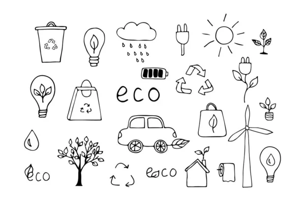 Набор Экологических Икон Ручной Работы Коллекция Doodle Eco Набор Иконок — стоковый вектор