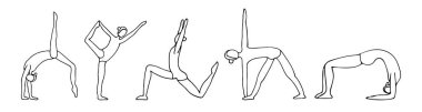 El çizimi yoga pozları. Doodle yoga pozları. El yapımı yoga pozları koleksiyonu. Doodle jimnastik pozları..