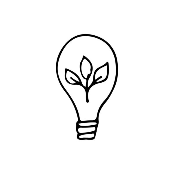 Дудл эко-лампа иллюстрация в векторе. Hand drawn eco am illustration. Экологическая иллюстрация каракулей с лампой и листьями
