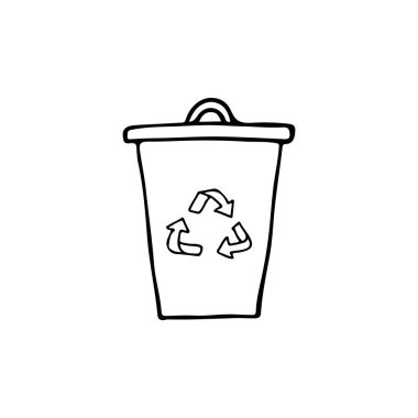 Geri dönüşüm ikonlu Doodle Eko çöp kutusu. Geri dönüşüm simgesiyle el çizimi eko çöp kovası