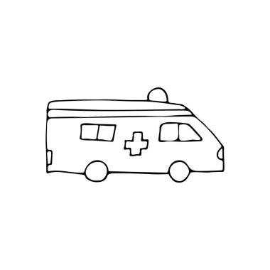 Ambulans arabası ikonu. El yapımı ambulans arabası. Doodle acil servis arabası