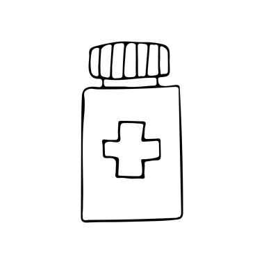 Beyaz arka planda vektör olarak Doodle hap şişesi simgesi. El yapımı hap kutusu simgesi