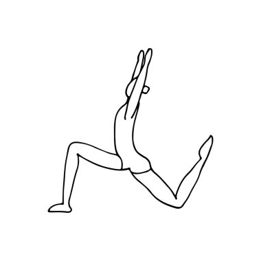 Doodle yoga pozisyonu vektörde. Elle çizilmiş yoga pozu. Çizgi vektör çizimi yapan kadın