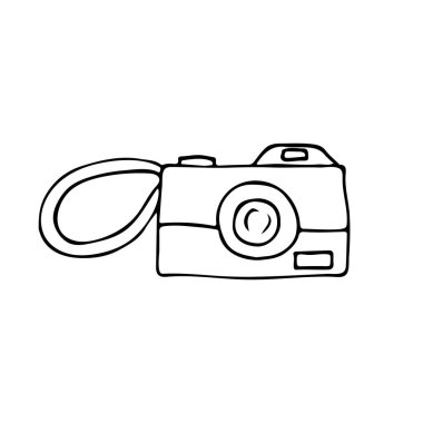 Beyaz arka planda el çizimi fotoğraf makinesi illüstrasyonu. Doodle fotoğraf makinesi vektör illüstrasyonu