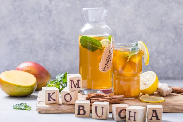 Kombucha or cider fermented drink. Cold tea beverage with benefi