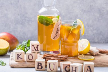 Healthy tea kombucha with lemon and cinnamon.
