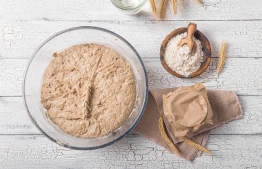 Ekmek yaprakları aktiftir. Startersourdough (ekmek pişirmek için mayalanacak su ve un karışımı). Sağlıklı beslenme kavramı