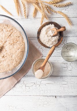 Ekmek yaprakları aktiftir. Startersourdough (ekmek pişirmek için mayalanacak su ve un karışımı). Sağlıklı beslenme kavramı