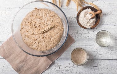 Ekmek yaprakları aktiftir. Startersourdough (ekmek pişirmek için mayalanacak su ve un karışımı). Sağlıklı beslenme kavramı