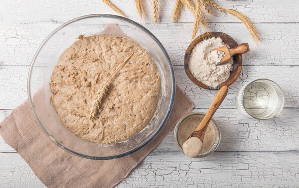 Закваска для хлеба активна. Startersourtough (fermented mixture of water and flour to use as leaven for bread baking). Концепция здорового питания
