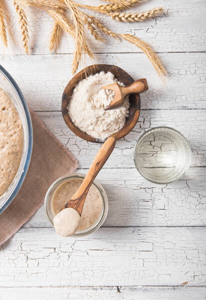 Закваска для хлеба активна. Startersourtough (fermented mixture of water and flour to use as leaven for bread baking). Концепция здорового питания

