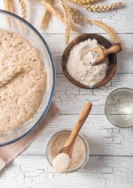 Ekmek yaprakları aktiftir. Startersourdough (ekmek pişirmek için mayalanacak su ve un karışımı). Sağlıklı beslenme kavramı