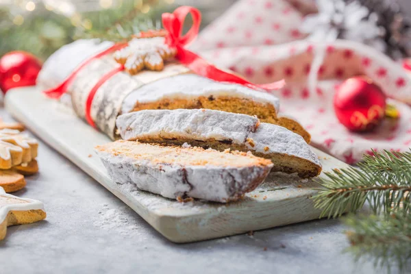 Stollen Traditional European Cake Nuts Candied Fruit Dusted Icing Sugar — Stock Photo, Image