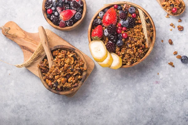 Morning Granola Fruits Berries Bowl Grey Concrete Background Healthy Breakfast — Stock Photo, Image