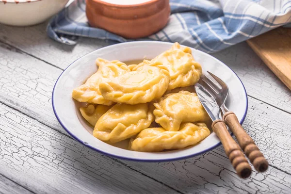 Ukrainian Dumplings Pierogi Pyrohy Varenyky Vareniki Served Cottage Cheese Board — Stock Photo, Image