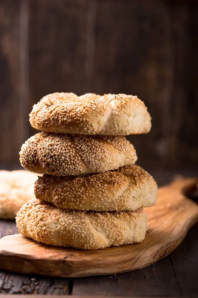 Koulouri Grec Bagels Turcs Appelés Simit Pile Nourriture Traditionnelle Rue — Photo