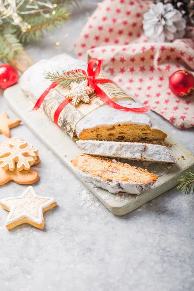 Stollen Traditional European Cake Nuts Candied Fruit Dusted Icing Sugar — Stock Photo, Image