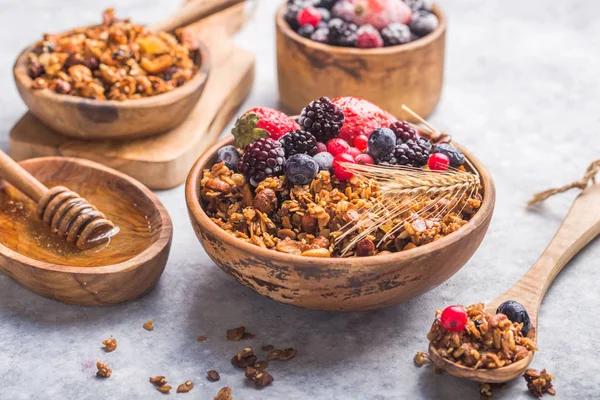 Morning Granola, Fruits, gri beton arka planda kasede meyveler. Sağlıklı kahvaltı gevrekleri. Diyet yapma kavramı, sağlıklı ve temiz yemek.