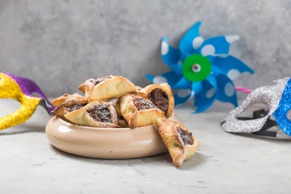 Purim Achtergrond Met Carnaval Masker Hamantaschen Koekjes Vakantie Viering Concept — Stockfoto