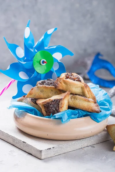 Purim Achtergrond Met Carnaval Masker Hamantaschen Koekjes Vakantie Viering Concept — Stockfoto