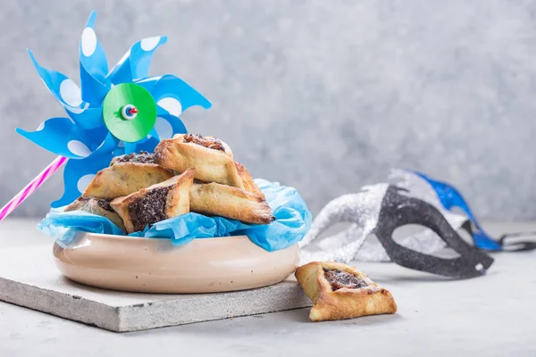 Purim Pozadí Karnevalovou Maskou Hamantaschen Cookies Koncept Svátků — Stock fotografie