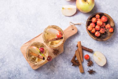 Noel Baharatlı Elma Şarabı veya punç içeceği. Mevsimlik düşüncelere dalmış Geleneksel sonbahar, kış içecekleri ve elmalı, tarçınlı, anason kokteylleri.