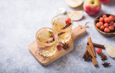 Noel Baharatlı Elma Şarabı veya punç içeceği. Mevsimlik düşüncelere dalmış Geleneksel sonbahar, kış içecekleri ve elmalı, tarçınlı, anason kokteylleri.