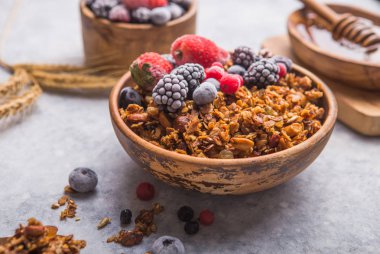 Morning Granola, Fruits, gri beton arka planda kasede meyveler. Sağlıklı kahvaltı gevrekleri. Diyet yapma kavramı, sağlıklı ve temiz yemek.