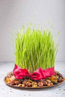 Nowruz tatilin kutlu olsun. Çeşitli kurutulmuş meyve, fındık, tohum, yeşil çimen buğdaylı açık arkaplan, kopya alanı üst görünümü kutlamaları