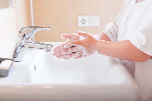 Closeup Child Soapy Hands Being Washed Running Water Sink — Stock Photo, Image