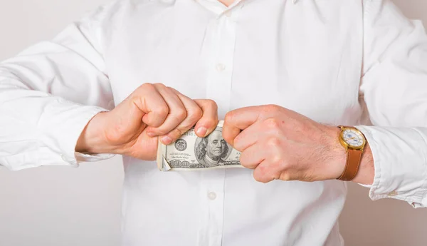 Hombre Negocios Rompe Billetes Dólar Concepto Crisis Financiera — Foto de Stock