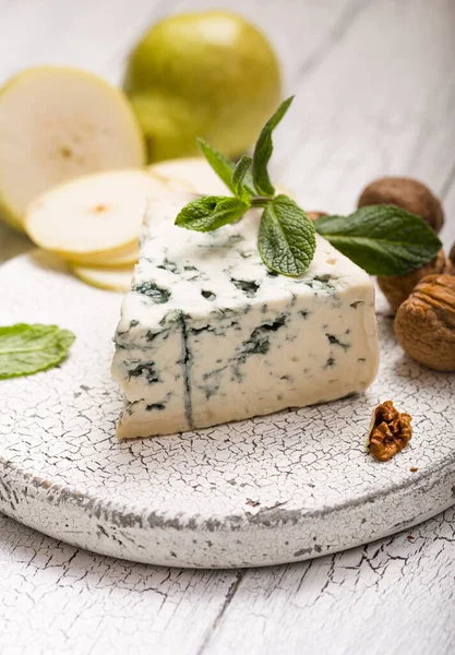 Segment Blue Mould Cheese Gorgonzola Pear Walnuts Wooden Board Top — Stock Photo, Image