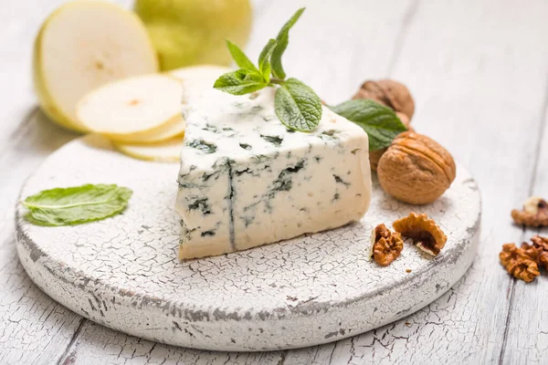 Segment Blue Mould Cheese Gorgonzola Pear Walnuts Wooden Board Top — Stock Photo, Image